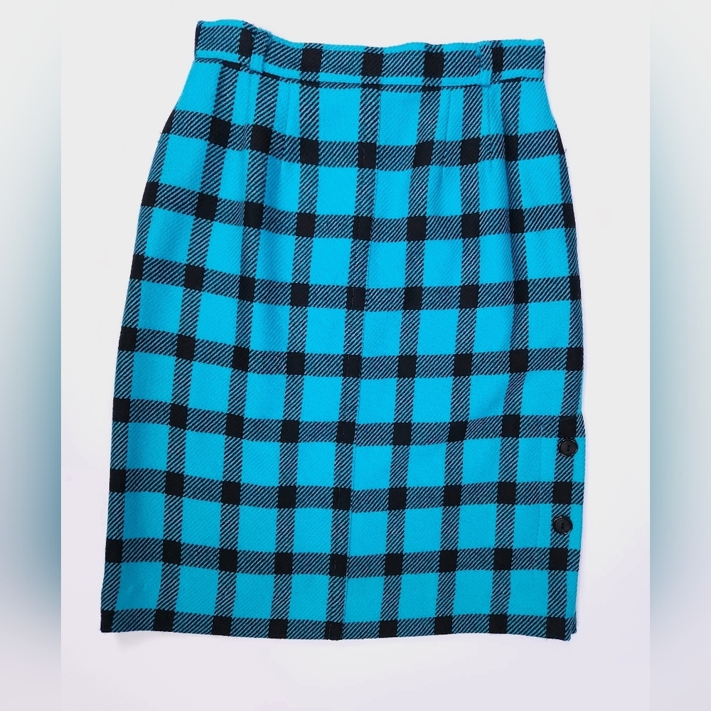 St. A Vintage 80s Teal Black Plaid Wool Pencil Skirt Women's Vtg 8 Modern Small